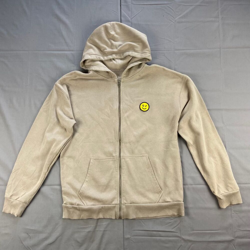 Gilly Hicks Men's M Beige Full Zip Hoodie Fleece Lined Logo Patch 60 Cotton 40
